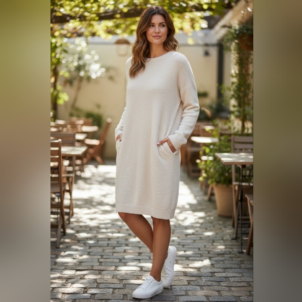 NWT Cream Textured Sweater Dress w/ Pockets Size Large Cozy Chic
